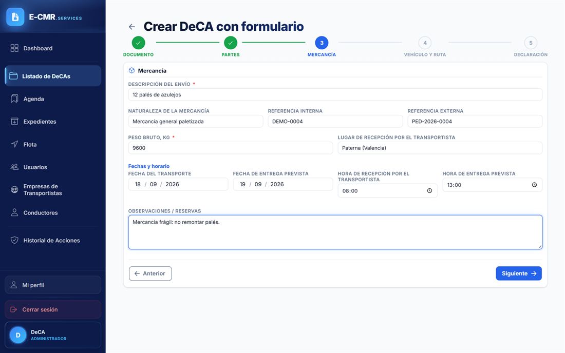 Formulario de alta del DeCA con descripción, naturaleza y peso de la mercancía