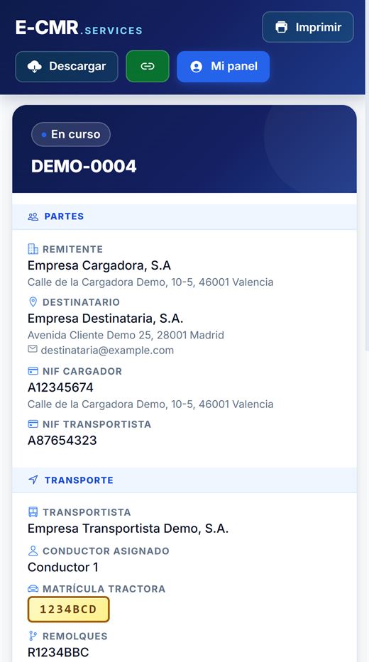 Visor del documento en un móvil con los datos del transporte