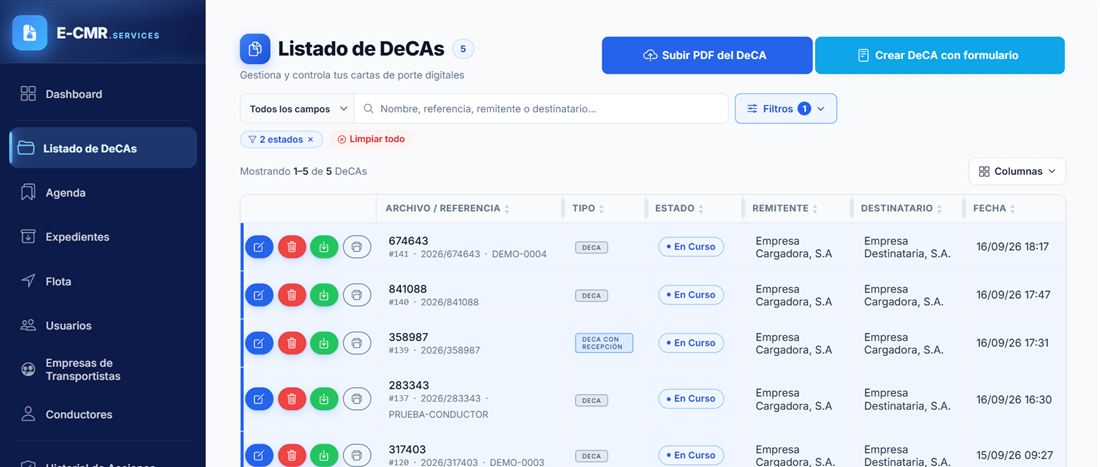Listado de DeCAs en el panel de gestión